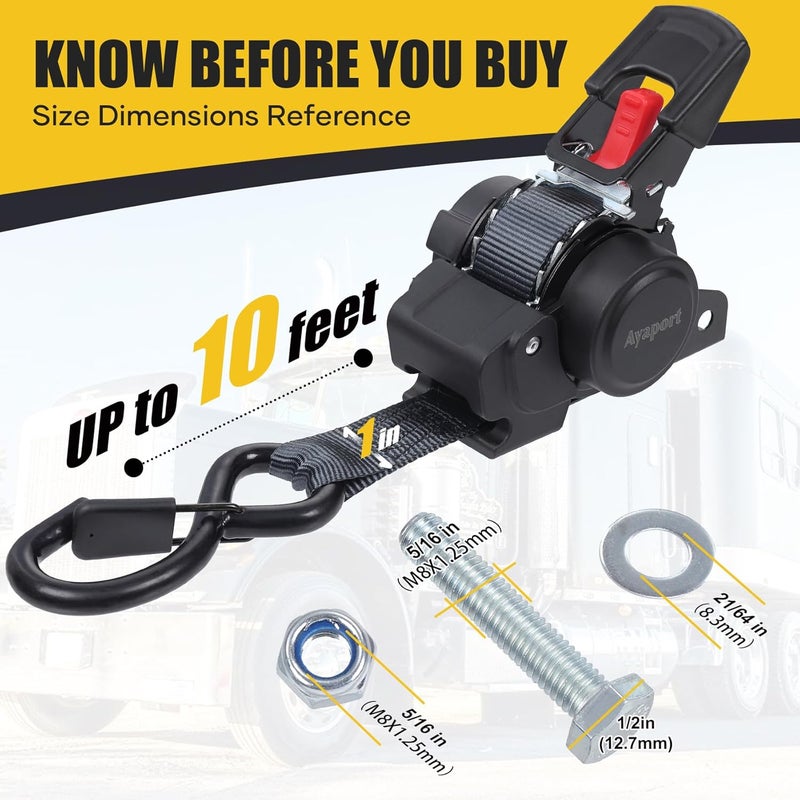 Ayaport Retractable Transom Tie Down Straps 1in X 10ft Tie Down Straps to Trailer- 1500lbs Break Strength, Medium Duty Bolt-on Ratchet Straps for Cargo, Boat, Motorcycles, ATV, 2pk - Image 4